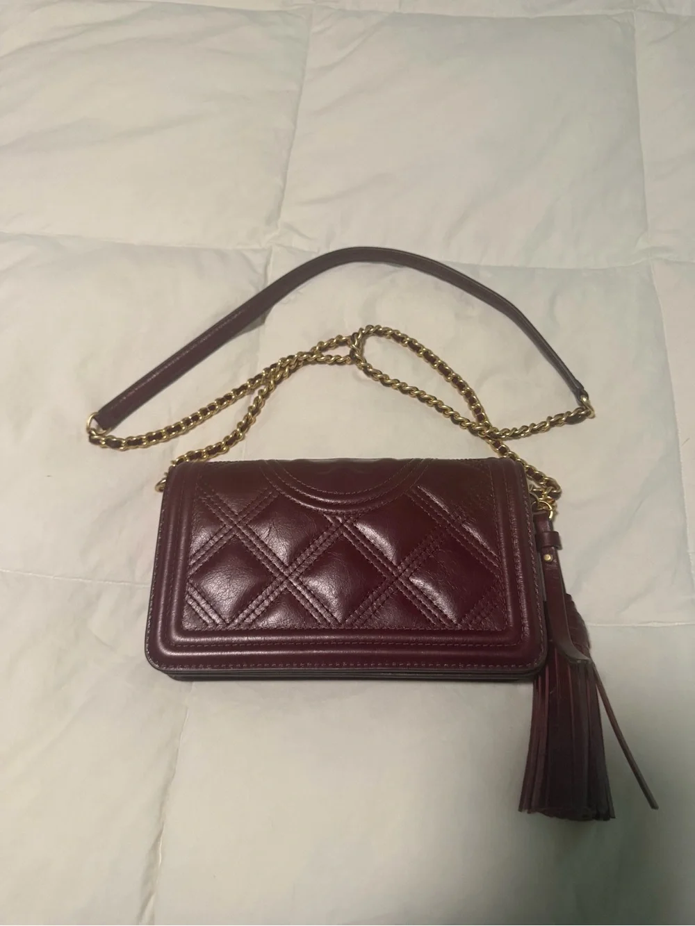 Tory Burch Quilted Leather Crossbody in Burgundy with Gold Chain